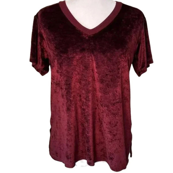 MICHAEL STARS Maroon Velvet or Velour V Neck T Shirt Top - size small - Picture 1 of 7